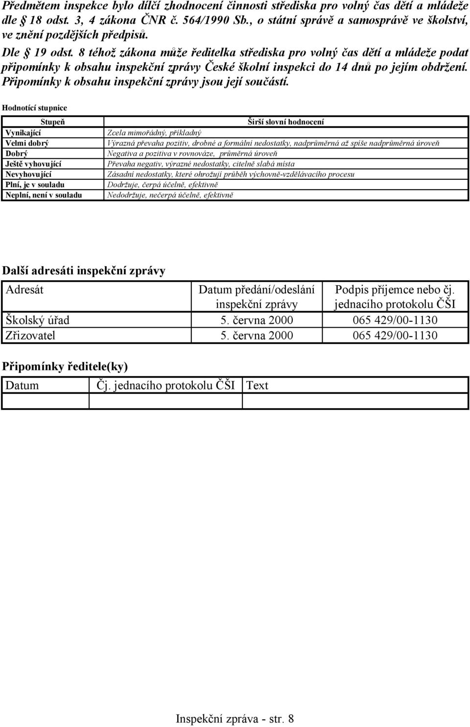 8 téhož zákona může ředitelka střediska pro volný čas dětí a mládeže podat připomínky k obsahu inspekční zprávy České školní inspekci do 14 dnů po jejím obdržení.