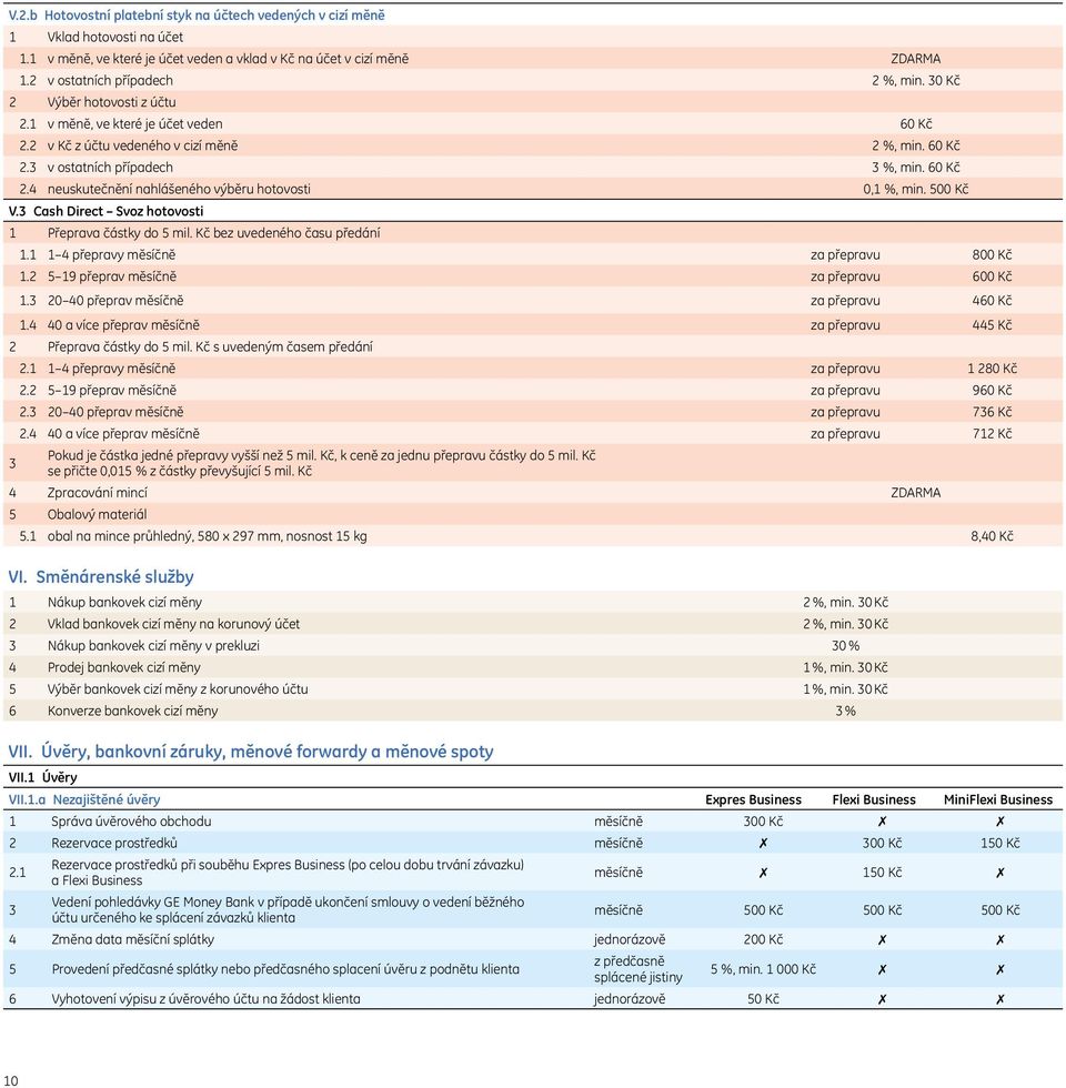 500 Kč V.3 Cash Direct Svoz hotovosti 1 Přeprava částky do 5 mil. Kč bez uvedeného času předání 1.1 1 4 přepravy měsíčně za přepravu 800 Kč 1.2 5 19 přeprav měsíčně za přepravu 600 Kč 1.