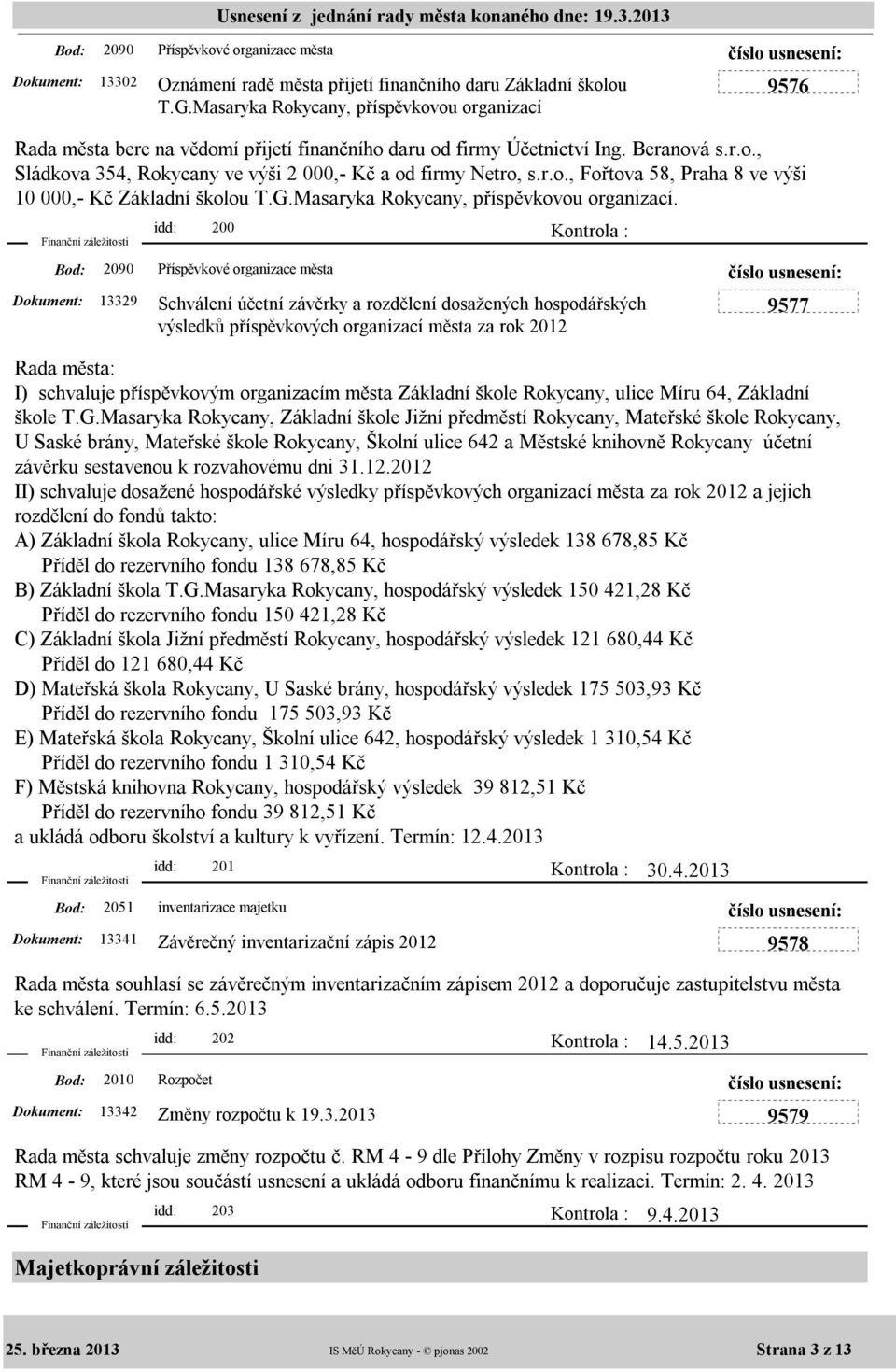 r.o., Fořtova 58, Praha 8 ve výši 10 000,- Kč Základní školou T.G.Masaryka Rokycany, příspěvkovou organizací.