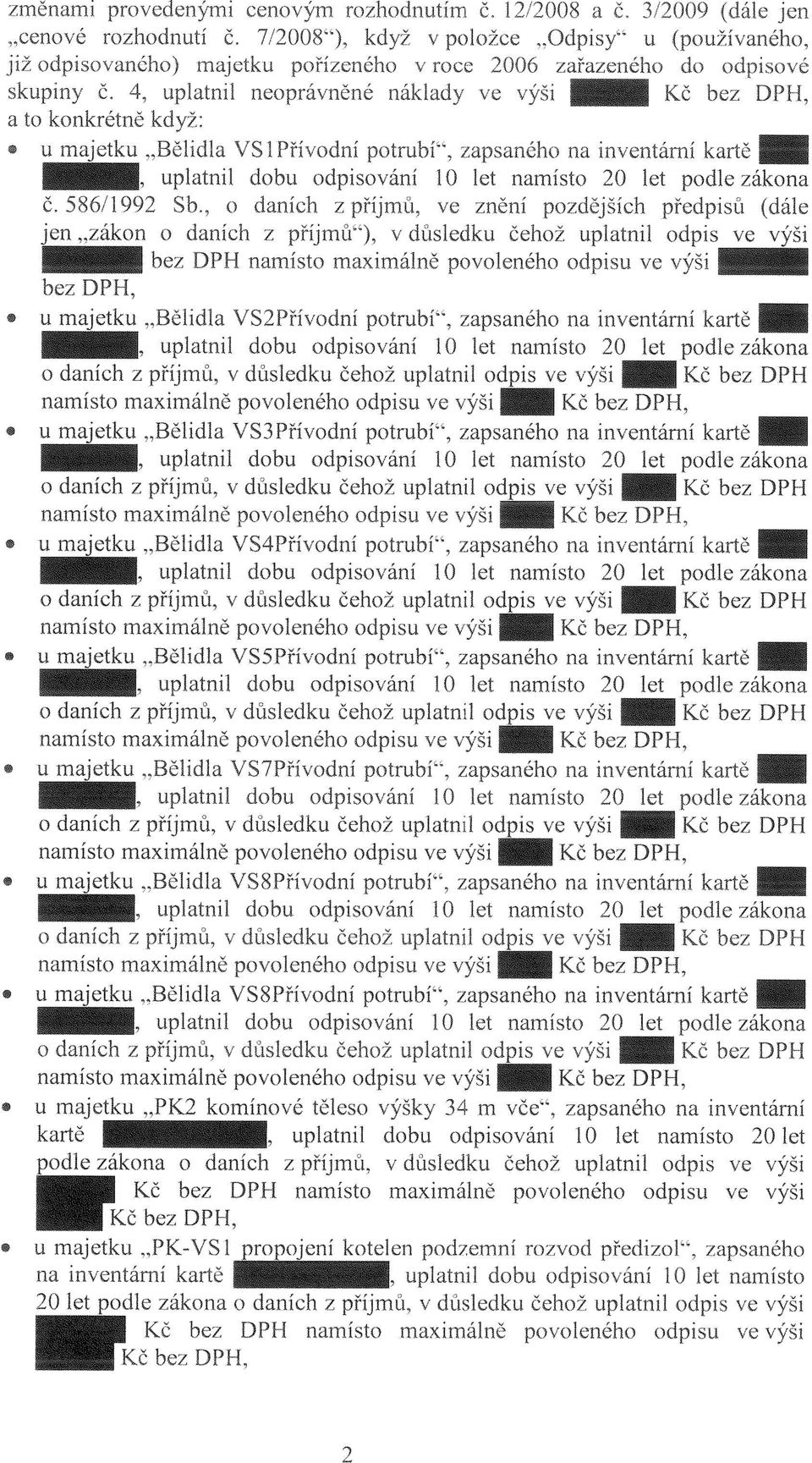 maietku "Bělidla VS2PřívodnÍ potrubí", zapsaného na inventární kartě _ uplatnil dobu odpisováni 10 let namísto 20 let podle zákona o daních z příjmů, v důsledku čehož uplatnil odpis ve výši" Kč bez