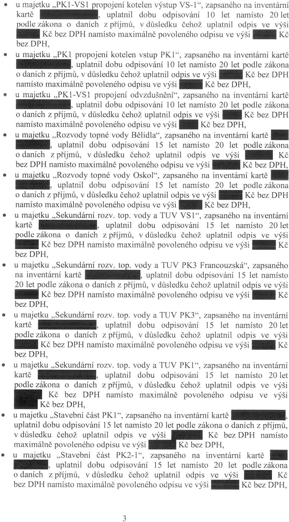 dobu odpisování 10 let namísto 20 let podle zákona o daních z příjmů, v důsledku čehož uplatnil od is ve výši'" Kč bez DPH namísto maximálně povoleného odpisu ve výši Kč bez DPH, U maietku "Rozvody