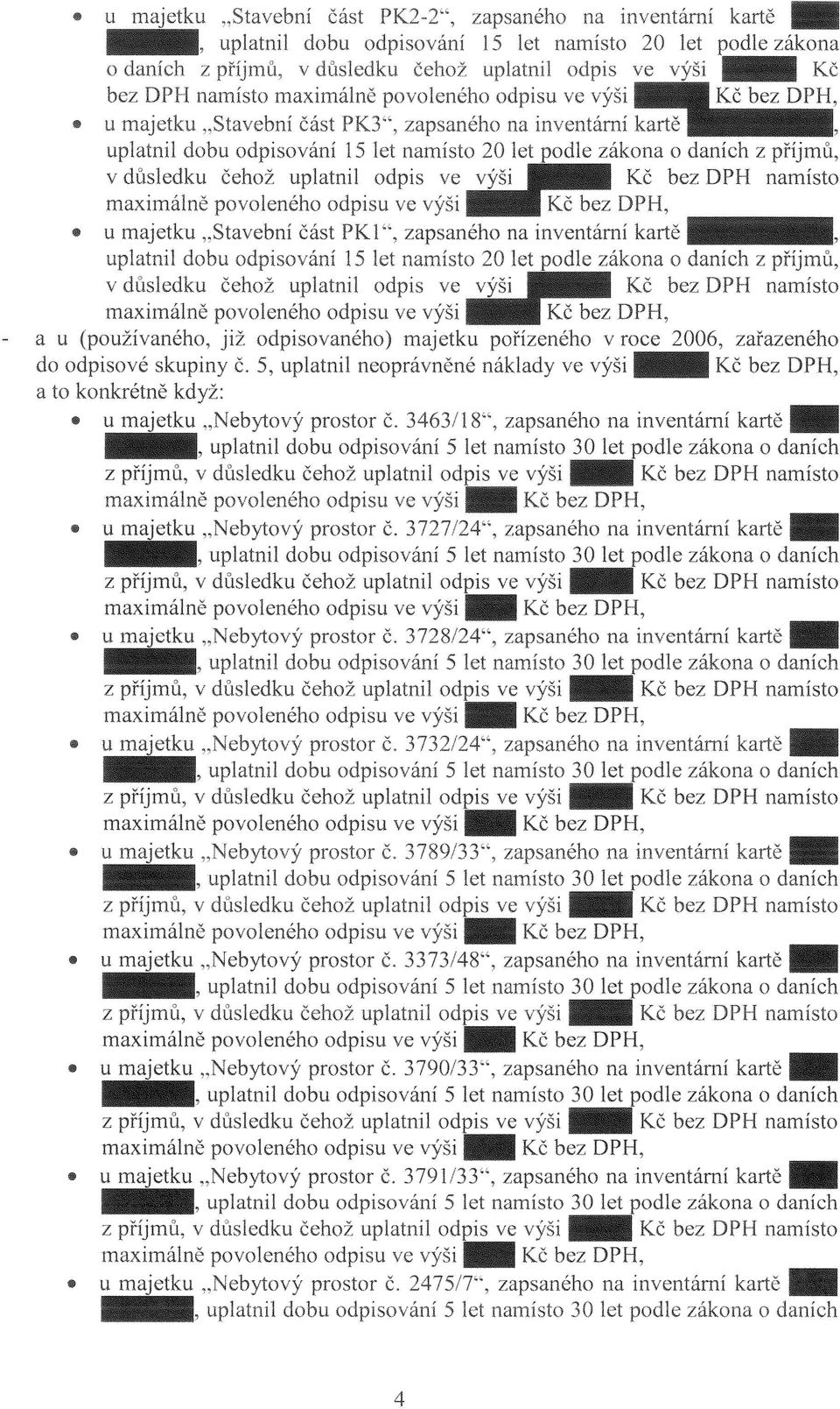 daních z příjmů, v důsledku čehož uplatnil odpis ve v' ši bez namísto maximálně povoleného odpisu ve výši Kč bez DPI-I, a u (používaného, již odpisovaného) majetku pořízeného v roce 2006, zařazeného