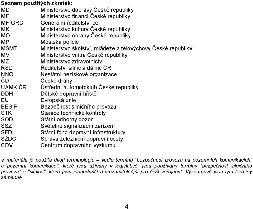 a dálnic ČR NNO Nestátní neziskové organizace ČD České dráhy ÚAMK ČR Ústřední automotoklub České republiky DDH Dětské dopravní hřiště EU Evropská unie BESIP Bezpečnost silničního provozu STK Stanice