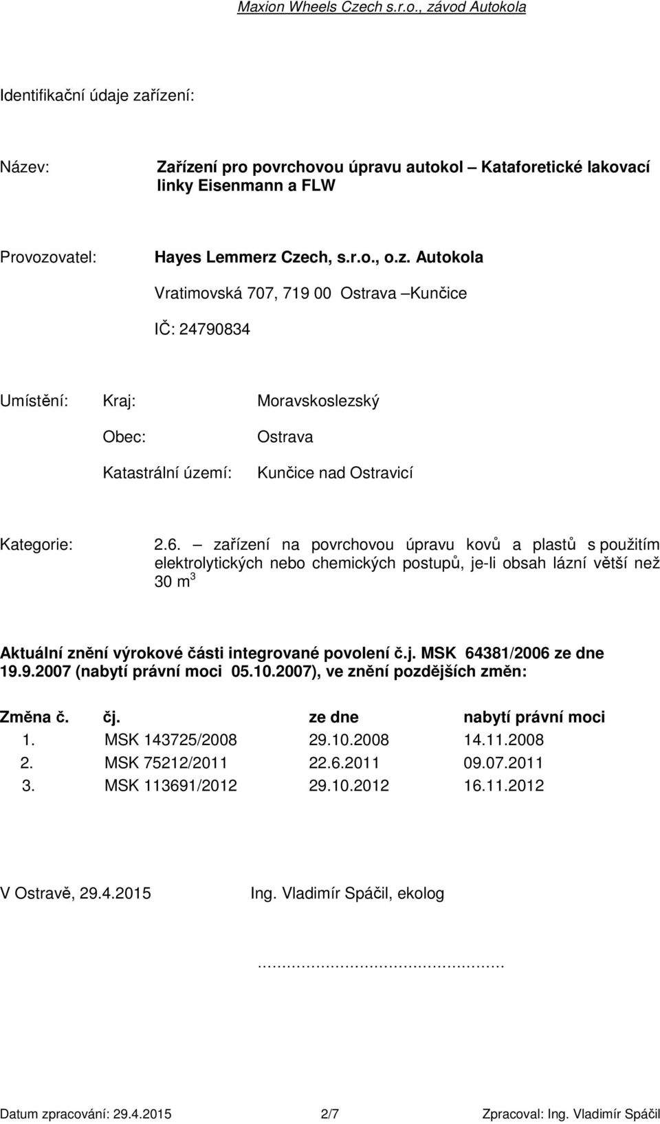 9.2007 (nabytí právní moci 05.10.2007), ve znění pozdějších změn: Změna č. čj. ze dne nabytí právní moci 1. MSK 143725/2008 29.10.2008 14.11.2008 2. MSK 75212/2011 22.6.2011 09.07.2011 3.