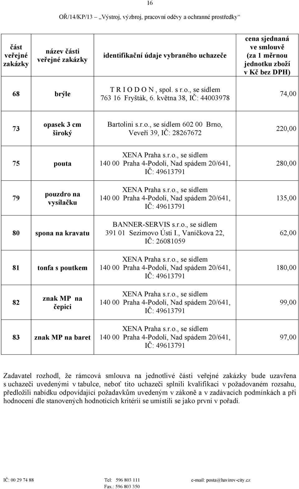 čepici 99,00 83 znak MP na baret 97,00 Zadavatel rozhodl, že rámcová smlouva na jednotlivé i bude uzavřena s i uvedenými v tabulce, neboť tito i splnili kvalifikaci v