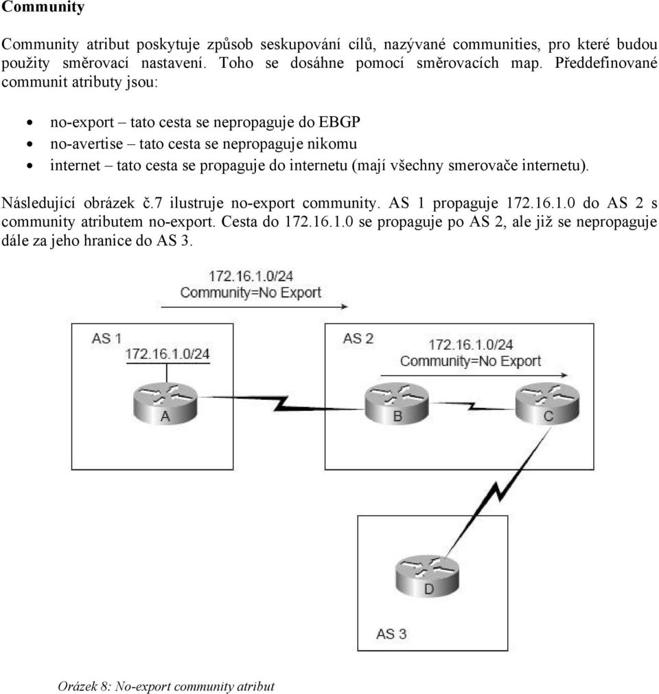 Předdefinované communit atributy jsou: no-export tato cesta se nepropaguje do EBGP no-avertise tato cesta se nepropaguje nikomu internet tato cesta se