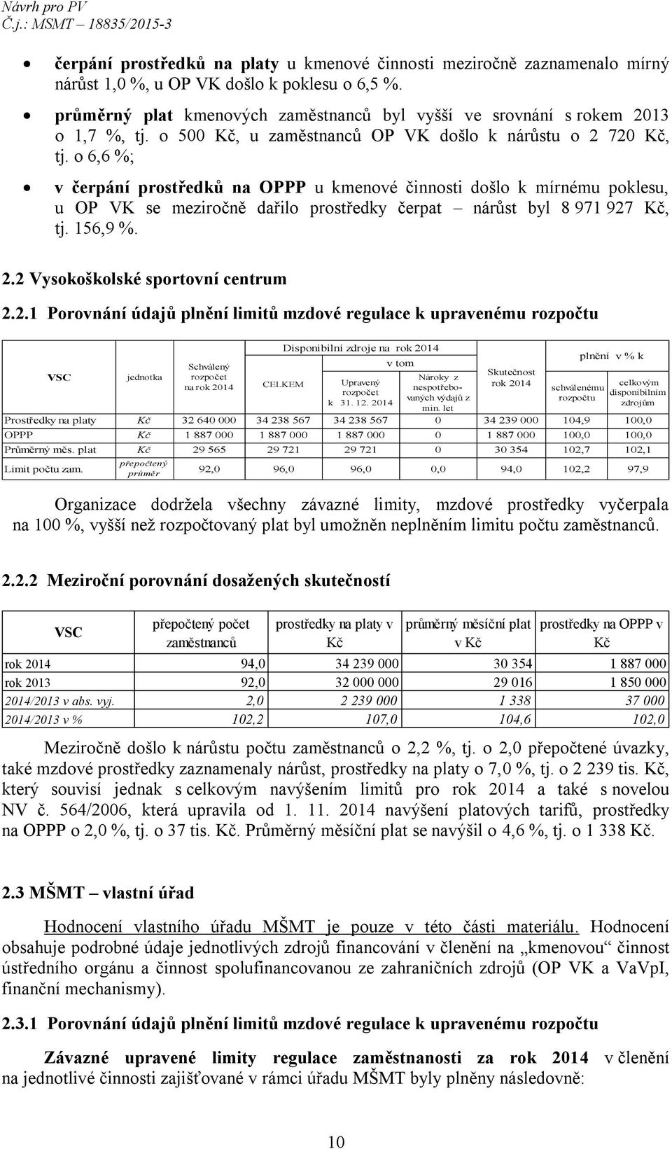 o 6,6 %; v čerpání prostředků na OPPP u kmenové činnosti došlo k mírnému poklesu, u OP VK se meziročně dařilo prostředky čerpat nárůst byl 8 971 927 Kč, tj. 156,9 %. 2.