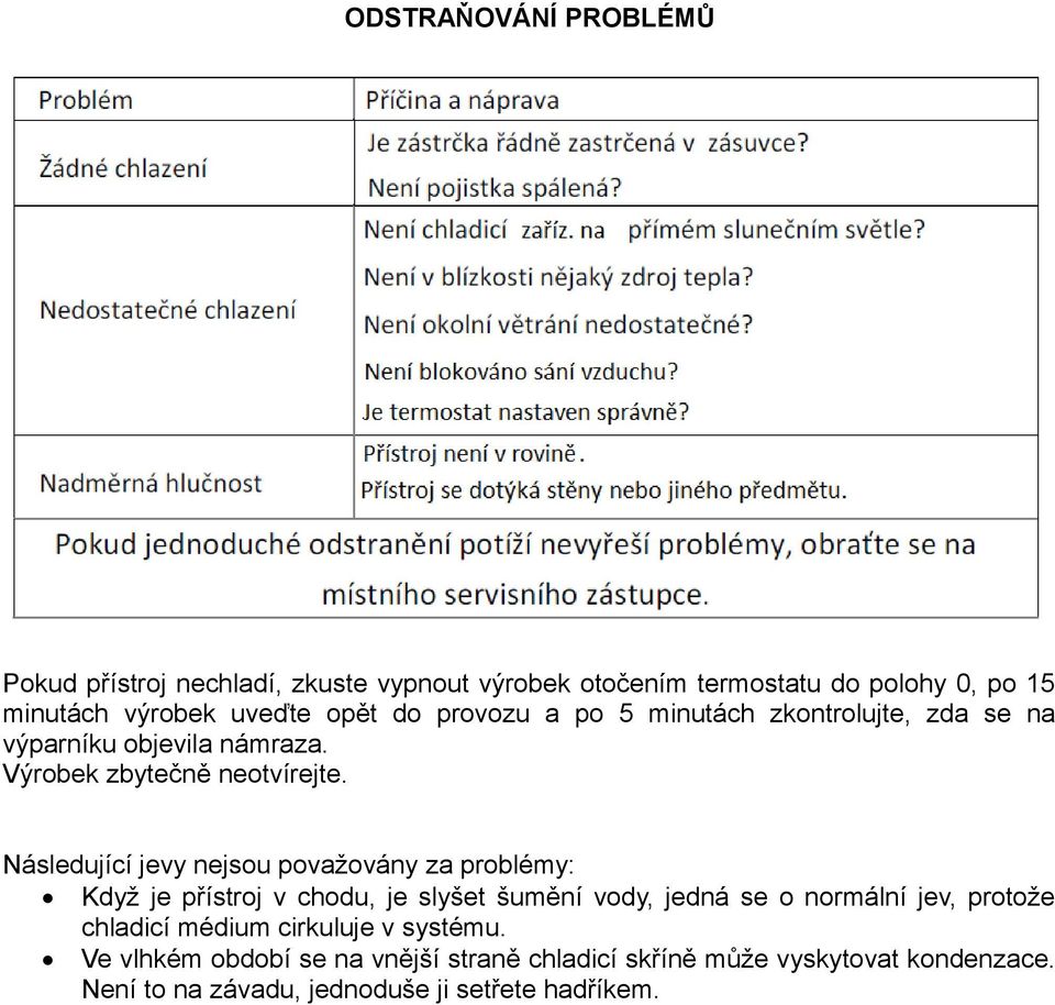 Následující jevy nejsou považovány za problémy: Když je přístroj v chodu, je slyšet šumění vody, jedná se o normální jev, protože