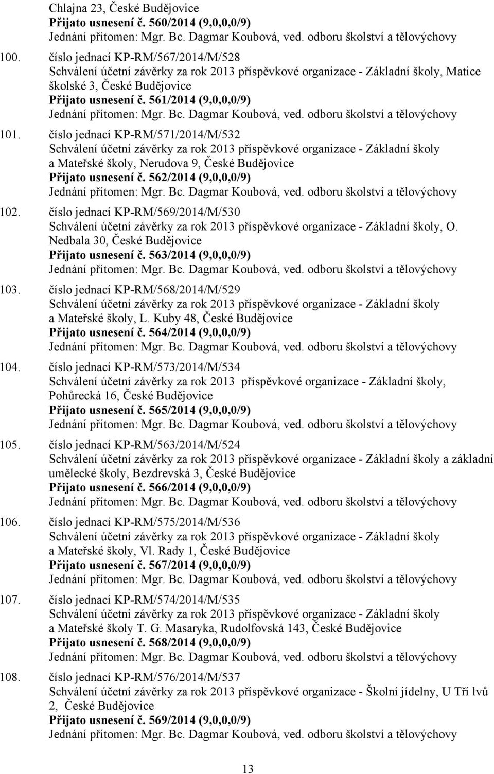 číslo jednací KP-RM/571/2014/M/532 Schválení účetní závěrky za rok 2013 příspěvkové organizace - Základní školy a Mateřské školy, Nerudova 9, České Budějovice Přijato usnesení č.