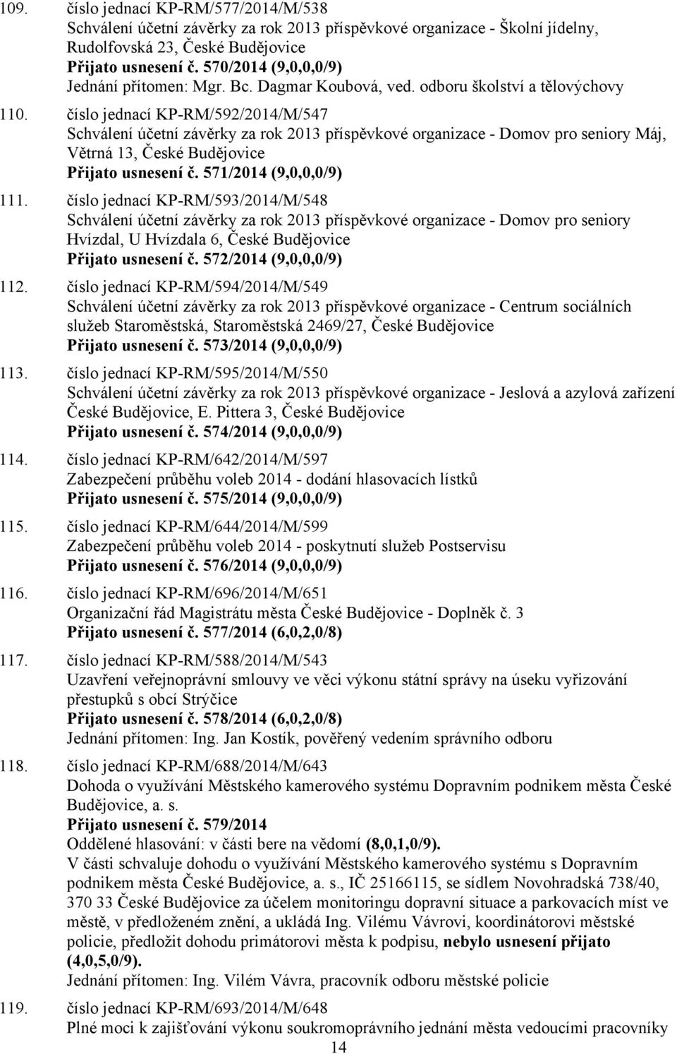 číslo jednací KP-RM/593/2014/M/548 Schválení účetní závěrky za rok 2013 příspěvkové organizace - Domov pro seniory Hvízdal, U Hvízdala 6, České Budějovice Přijato usnesení č. 572/2014 (9,0,0,0/9) 112.