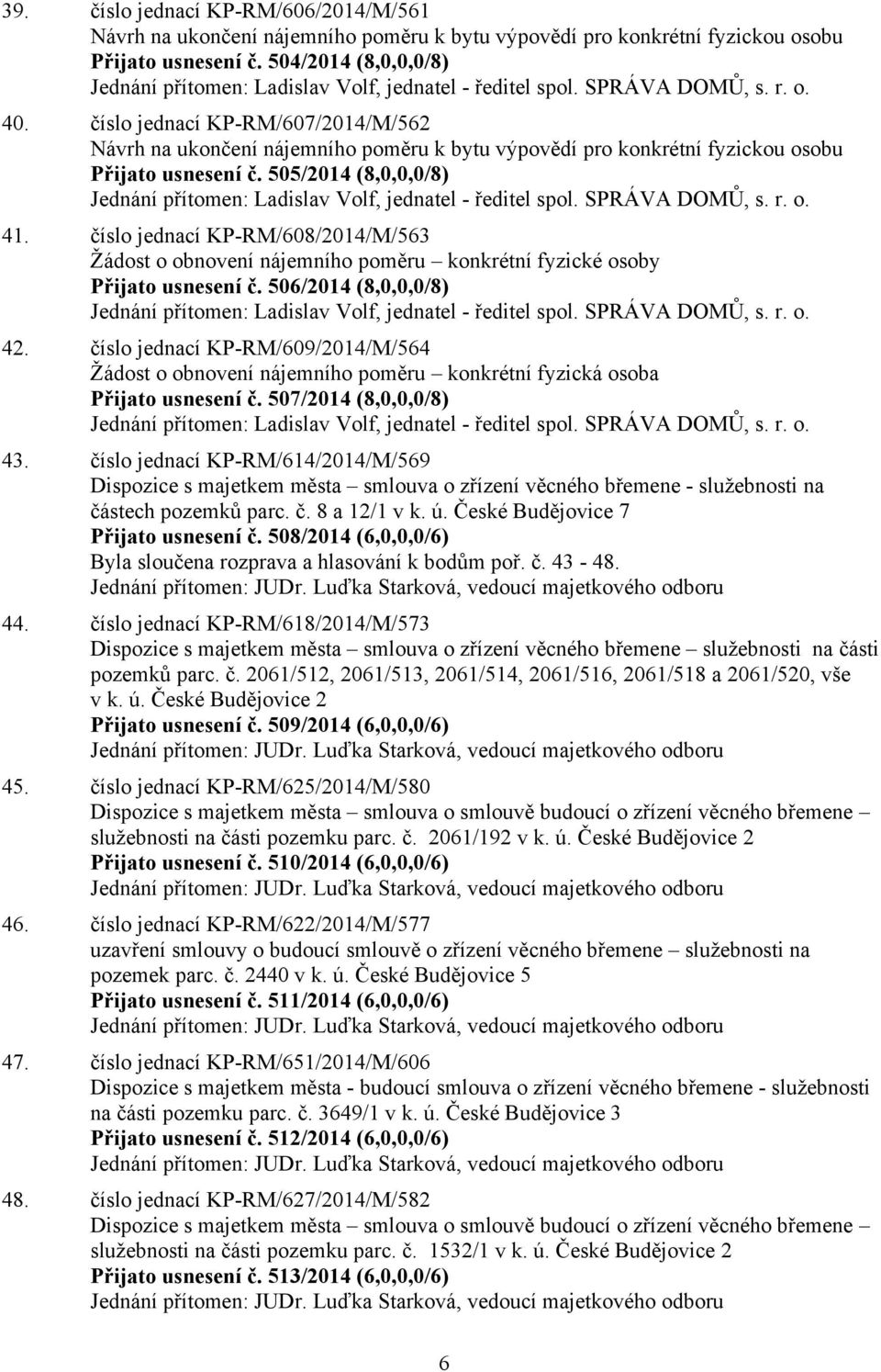 číslo jednací KP-RM/607/2014/M/562 Návrh na ukončení nájemního poměru k bytu výpovědí pro konkrétní fyzickou osobu Přijato usnesení č.