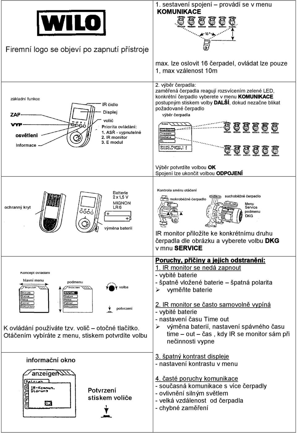 volbou OK Spojení lze ukončit volbou ODPOJENÍ IR monitor přiložíte ke konkrétnímu druhu čerpadla dle obrázku a vyberete volbu DKG v mnu SERVICE Poruchy, příčiny a jejich odstranění: 1.