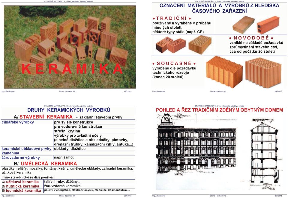 století) Strana 1 (celkem 30) zá í 2015 Strana 3 (celkem 30) zá í 2015 DRUHY KERAMICKÝCH VÝROBK A/ STAVEBNÍ KERAMIKA = základní stavební prvky cihlá ské výrobky pro svislé konstrukce pro vodorovné