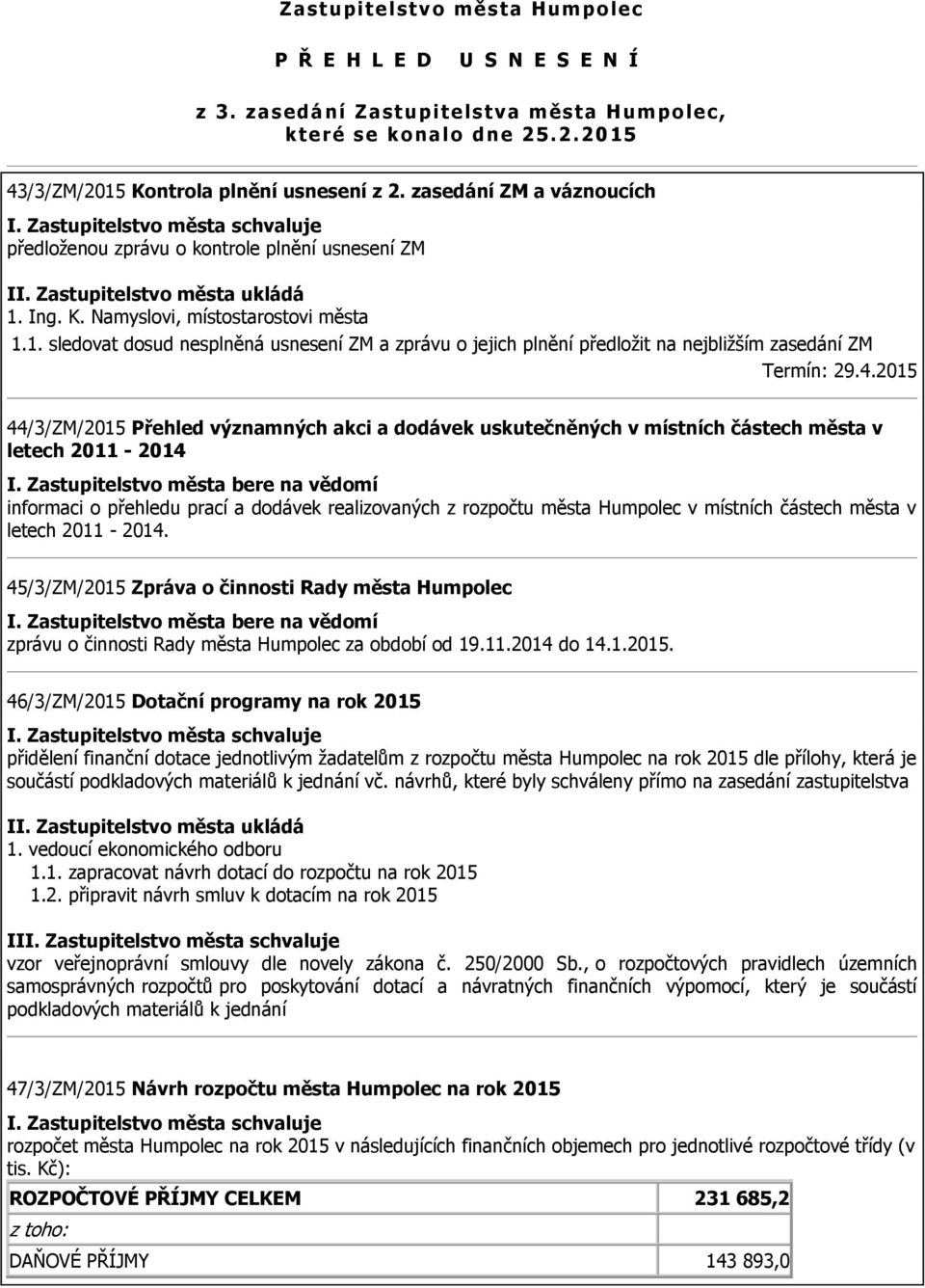 4.2015 44/3/ZM/2015 Přehled významných akci a dodávek uskutečněných v místních částech města v letech 2011-2014 I.