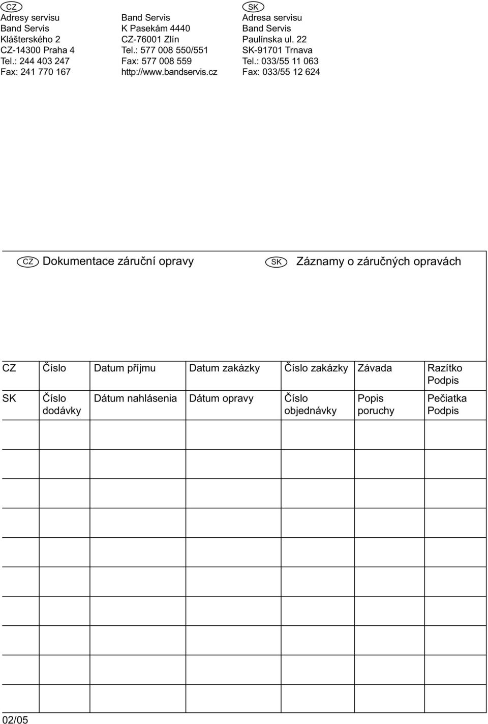 cz SK Adresa servisu Band Servis Paulínska ul. 22 SK-91701 Trnava Tel.