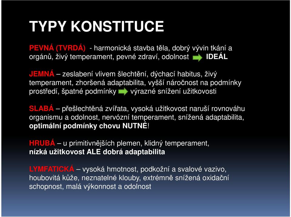 užitkovost naruší rovnováhu organismu a odolnost, nervózní temperament, snížená adaptabilita, optimální podmínky chovu NUTNÉ!