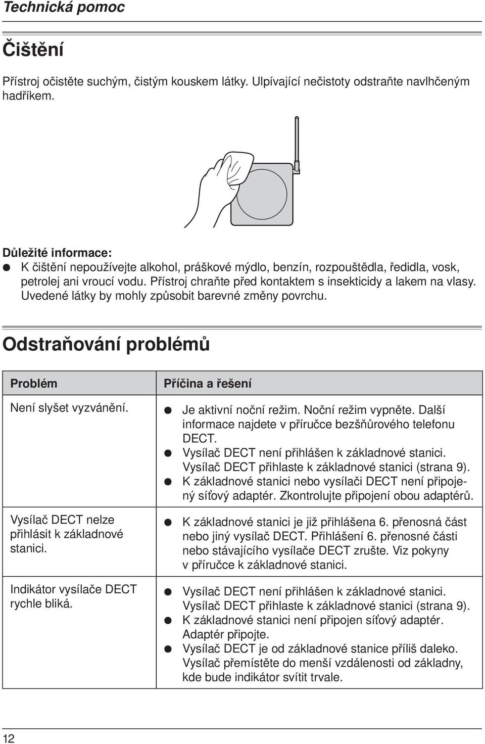 Uvedené látky by mohly způsobit barevné změny povrchu. Odstraňování problémů Problém Není slyšet vyzvánění. Vysílač DECT nelze přihlásit k základnové stanici. Indikátor vysílače DECT rychle bliká.