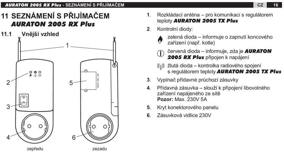 kotle) červená dioda informuje, zda je AURATON 2005 RX Plus připojen k napájení žlutá dioda kontrolka radiového spojení s regulátorem teploty TX Plus 3.