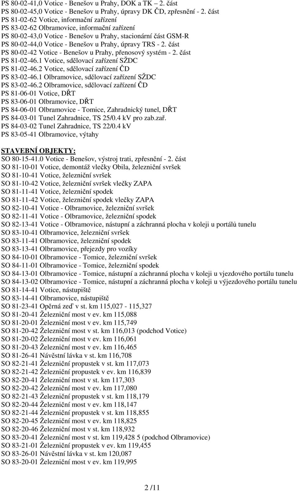 TRS - 2. část PS 80-02-42 Votice - Benešov u Prahy, přenosový systém - 2. část PS 81-02-46.1 Votice, sdělovací zařízení SŽDC PS 81-02-46.2 Votice, sdělovací zařízení ČD PS 83-02-46.