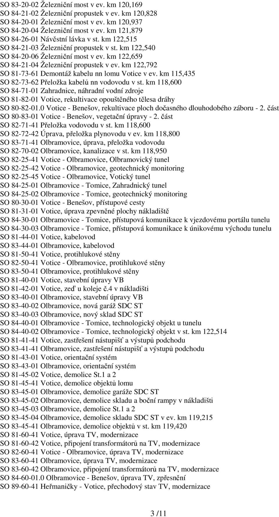 km 122,792 SO 81-73-61 Demontáž kabelu nn lomu Votice v ev. km 115,435 SO 82-73-62 Přeložka kabelů nn vodovodu v st.