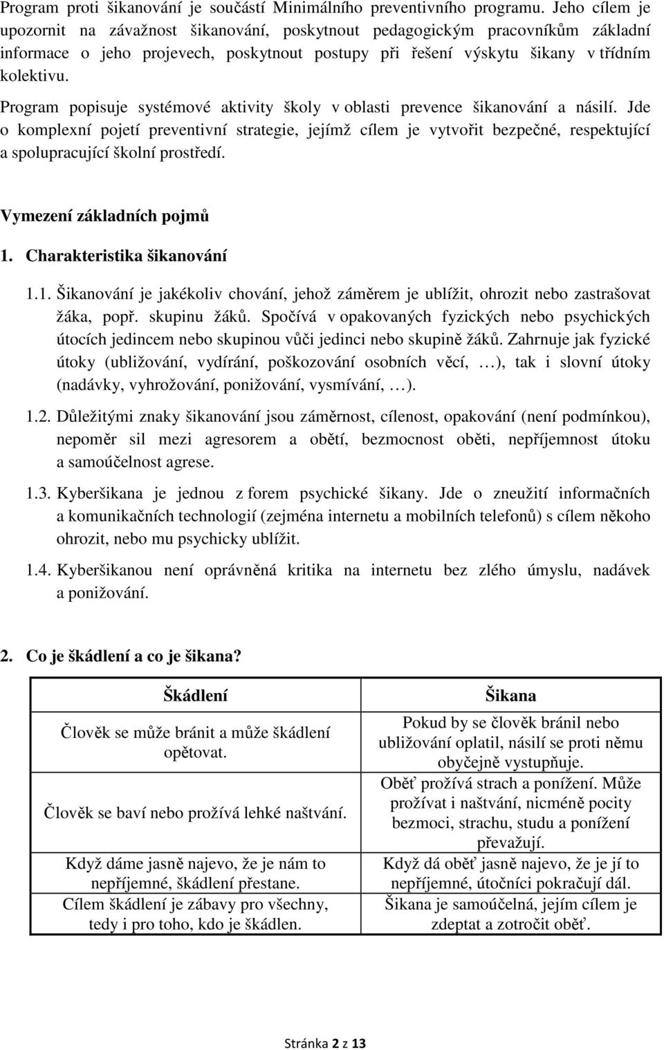 Program popisuje systémové aktivity školy v oblasti prevence šikanování a násilí.