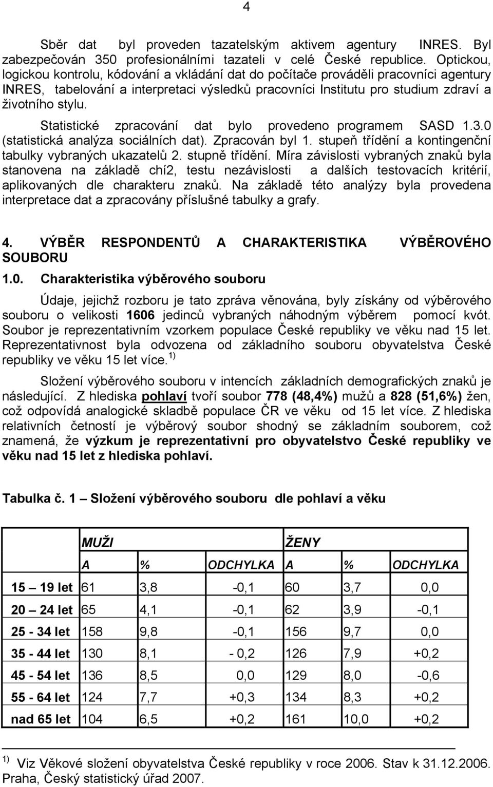 Statistické zpracování dat bylo provedeno programem SASD 1.3.0 (statistická analýza sociálních dat). Zpracován byl 1. stupeň třídění a kontingenční tabulky vybraných ukazatelů 2. stupně třídění.