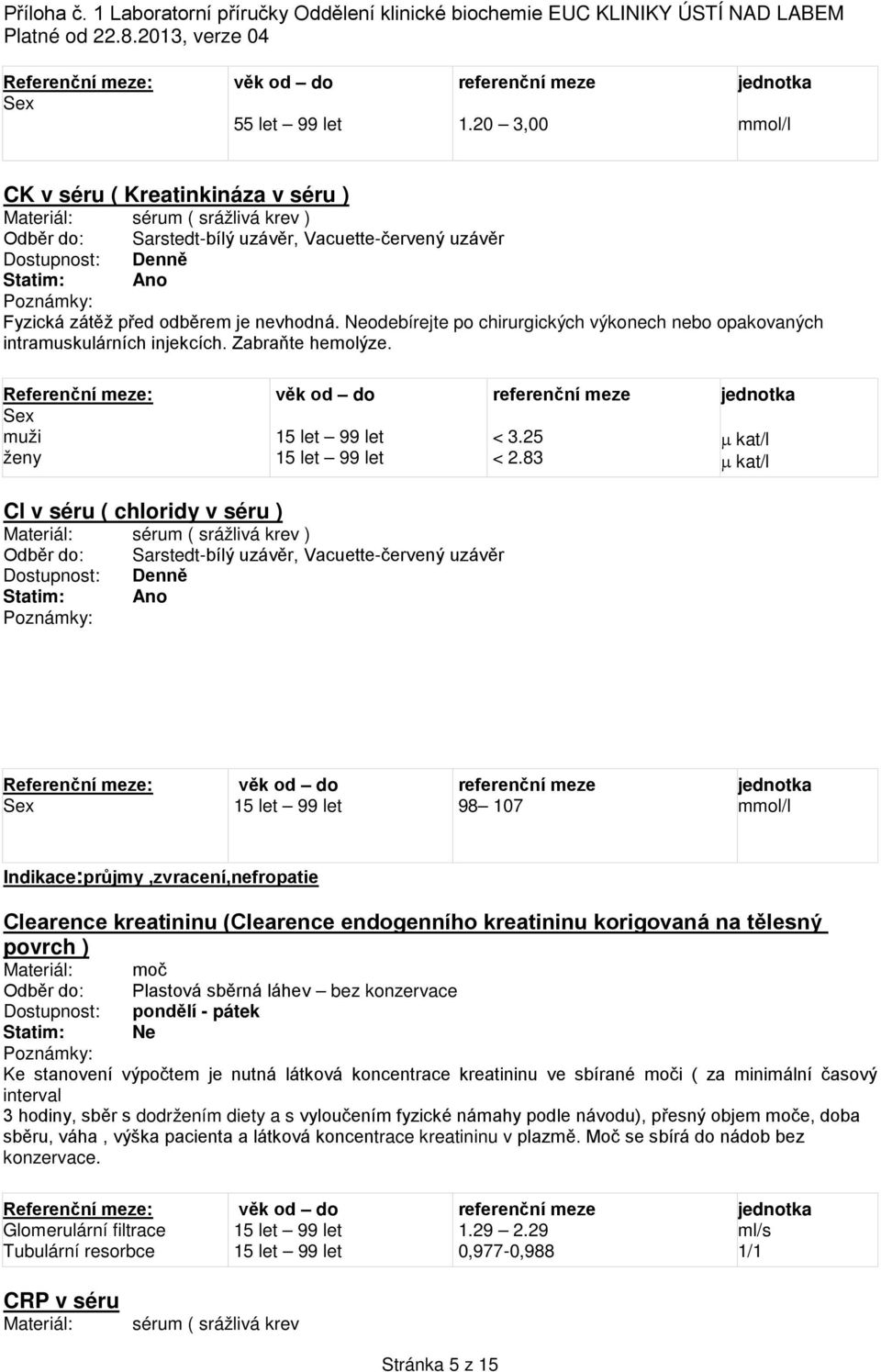 83 µ kat/l µ kat/l Cl v séru ( chloridy v séru ) 98 107 Indikace:průjmy,zvracení,nefropatie Clearence kreatininu (Clearence endogenního kreatininu korigovaná na tělesný povrch ) Materiál: moč Odběr