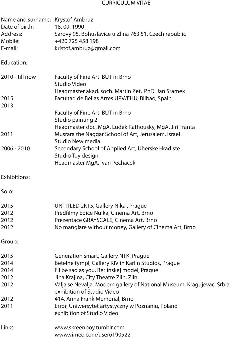 Jan Sramek 2015 Facultad de Bellas Artes UPV/EHU, Bilbao, Spain 2013 Faculty of Fine Art BUT in Brno Studio painting 2 Headmaster doc. MgA. Ludek Rathousky, MgA.