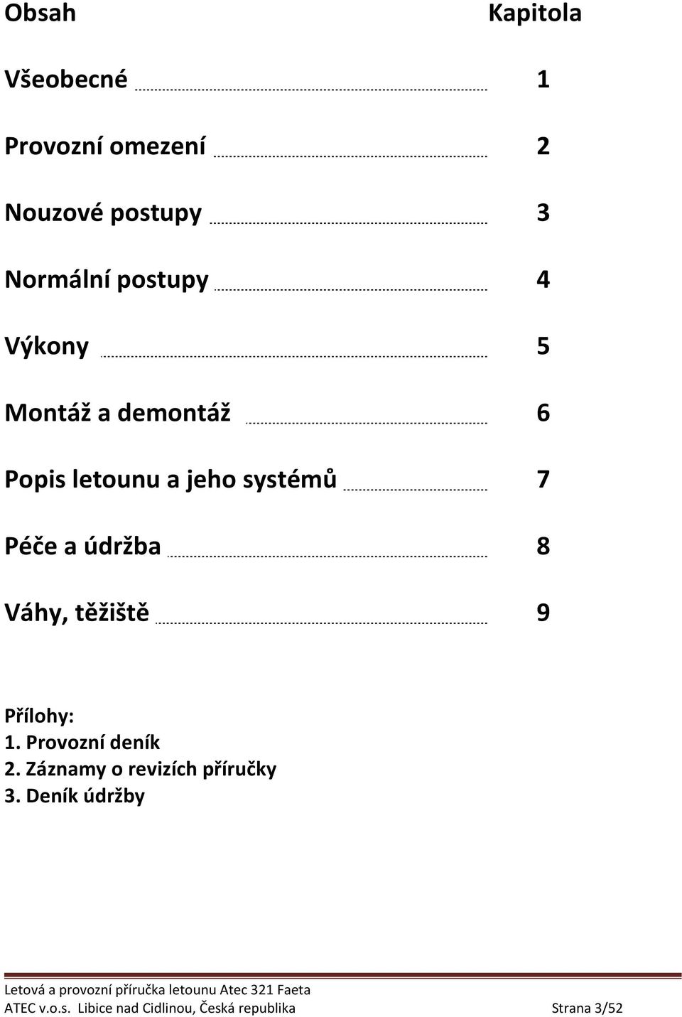 údržba 8 Váhy, těžiště 9 Přílohy: 1. Provozní deník 2.