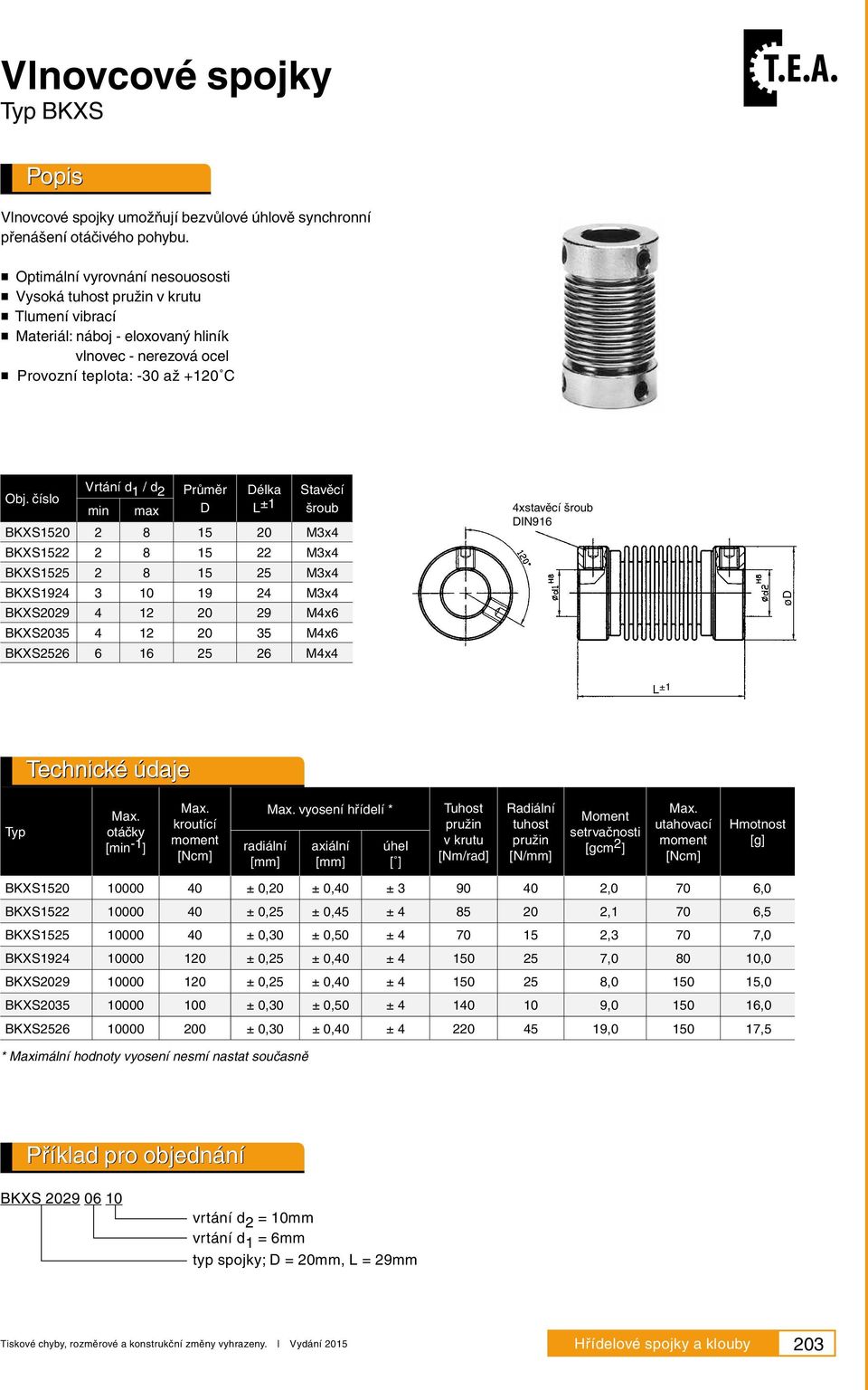 číslo Vrtání d 1 / d 2 Průměr Délka Stavěcí min max D L ±1 šroub BKXS1520 2 8 15 20 M3x4 BKXS1522 2 8 15 22 M3x4 BKXS1525 2 8 15 25 M3x4 BKXS1924 3 10 19 24 M3x4 BKXS2029 4 12 20 29 M4x6 BKXS2035 4