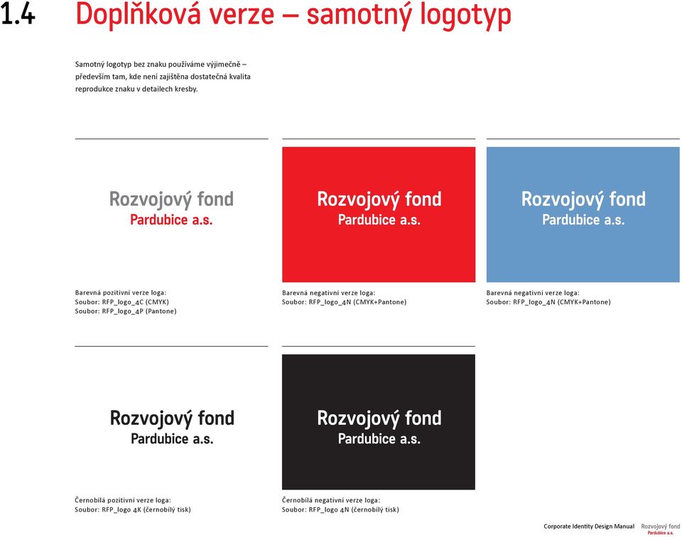 Barevná pozitivní verze loga: Soubor: RFP_logo_4C (CMYK) Soubor: RFP_logo_4P (Pantone) Barevná negativní verze loga: Soubor: