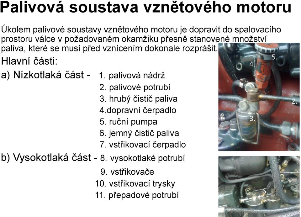 palivová nádrž 2. palivové potrubí 3. hrubý čistič paliva 4.dopravní čerpadlo 5. ruční pumpa 6. jemný čistič paliva 7.