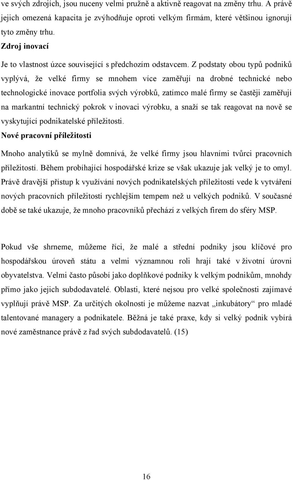 Z podstaty obou typů podniků vyplývá, že velké firmy se mnohem více zaměřují na drobné technické nebo technologické inovace portfolia svých výrobků, zatímco malé firmy se častěji zaměřují na