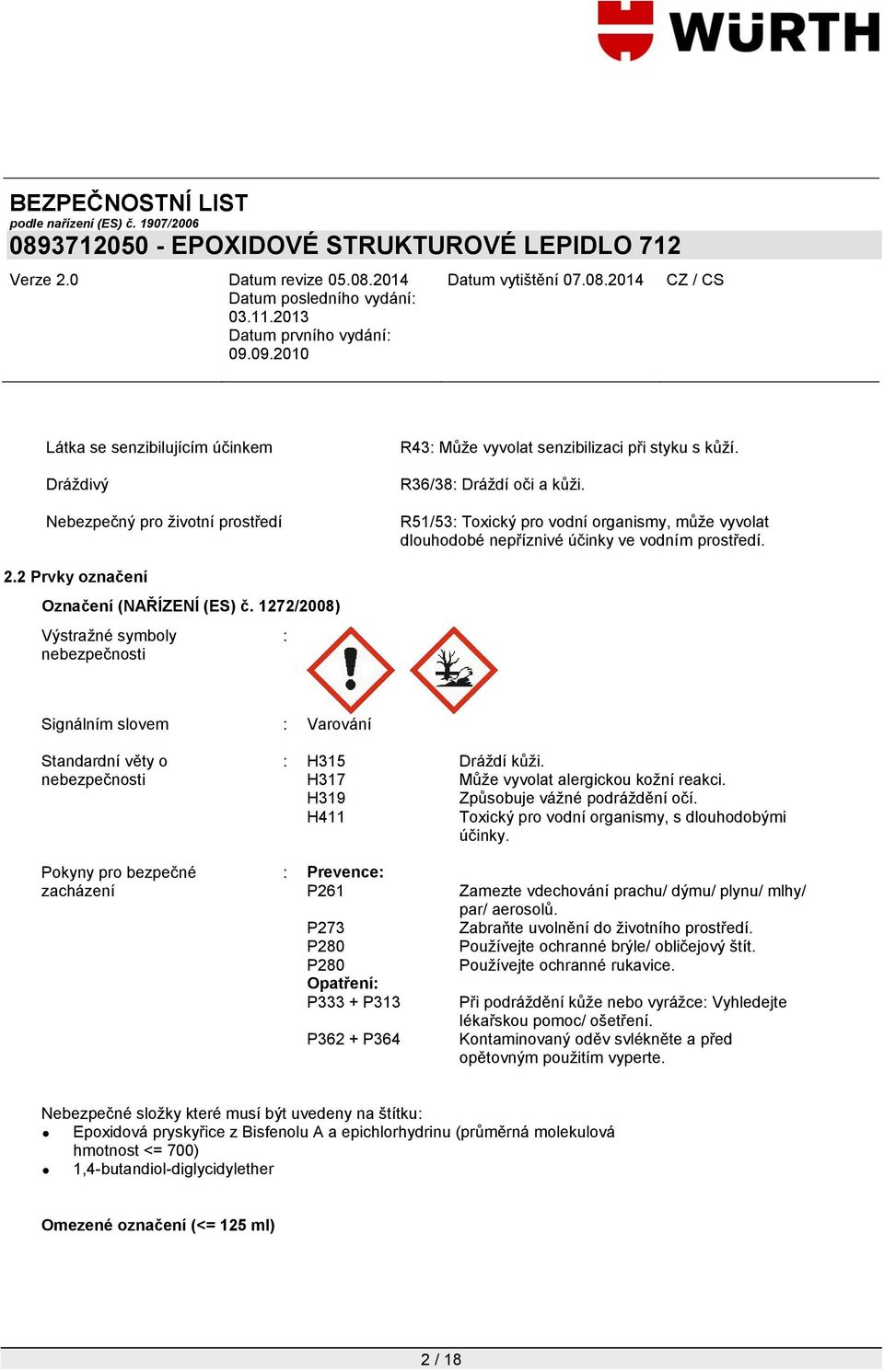 1272/2008) Výstraţné symboly nebezpečnosti : Signálním slovem : Varování Standardní věty o nebezpečnosti : H315 Dráţdí kůţi. H317 Můţe vyvolat alergickou koţní reakci.