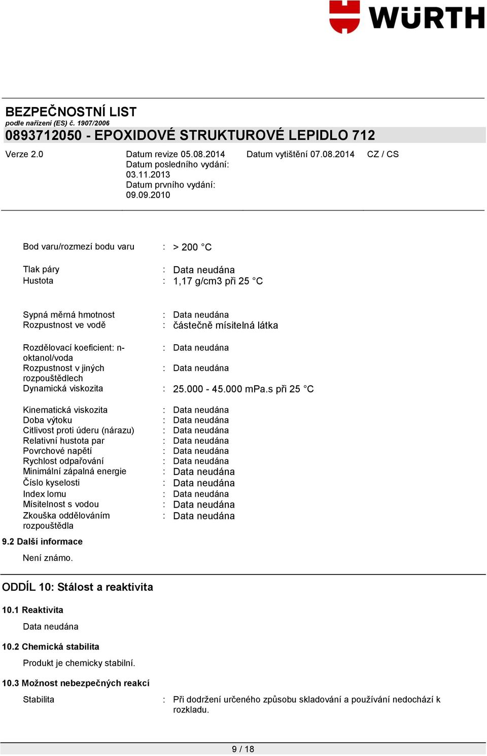 s při 25 C Kinematická viskozita Doba výtoku Citlivost proti úderu (nárazu) Relativní hustota par Povrchové napětí Rychlost odpařování Minimální zápalná energie Číslo kyselosti Index lomu