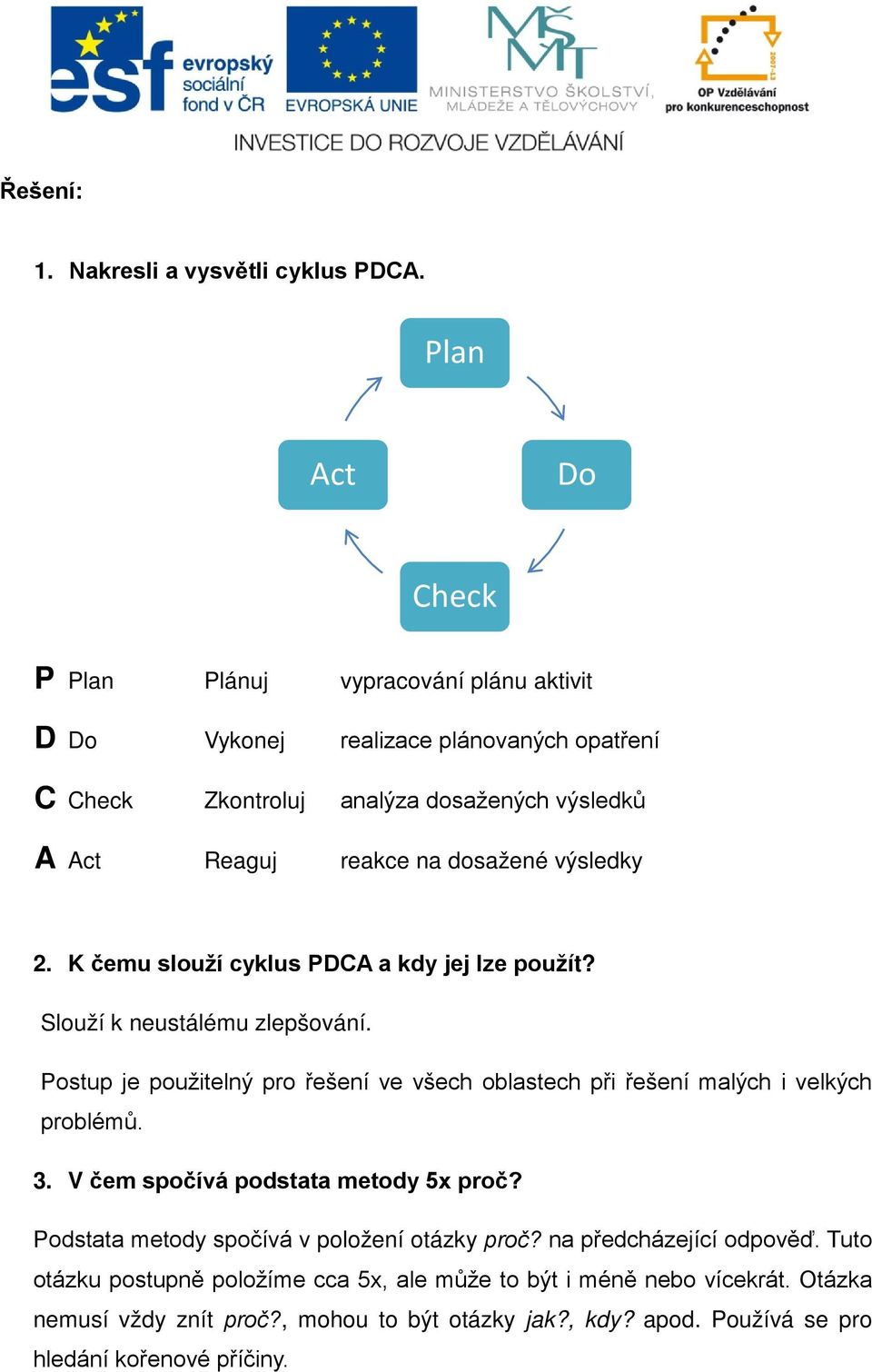 dosažené výsledky 2. K čemu slouží cyklus PDCA a kdy jej lze použít? Slouží k neustálému zlepšování.