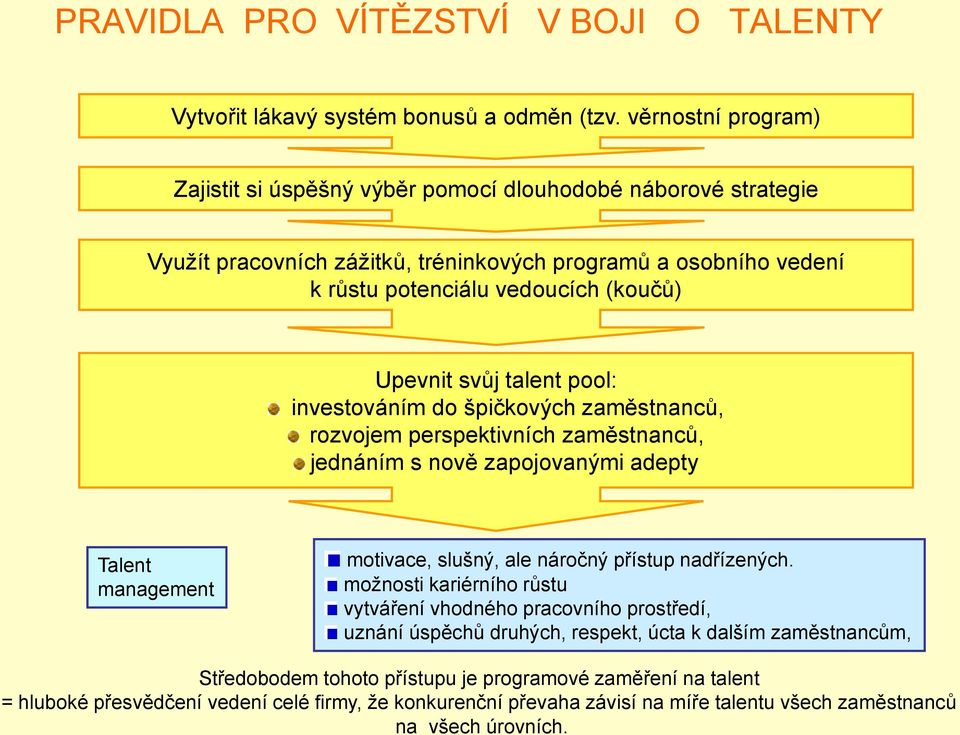 svůj talent pool: investováním do špičkových zaměstnanců, rozvojem perspektivních zaměstnanců, jednáním s nově zapojovanými adepty Talent management motivace, slušný, ale náročný přístup