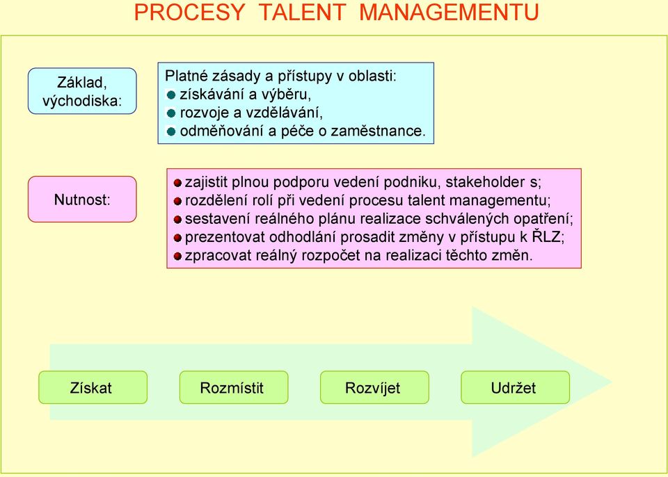 Nutnost: zajistit plnou podporu vedení podniku, stakeholder s; rozdělení rolí při vedení procesu talent managementu;