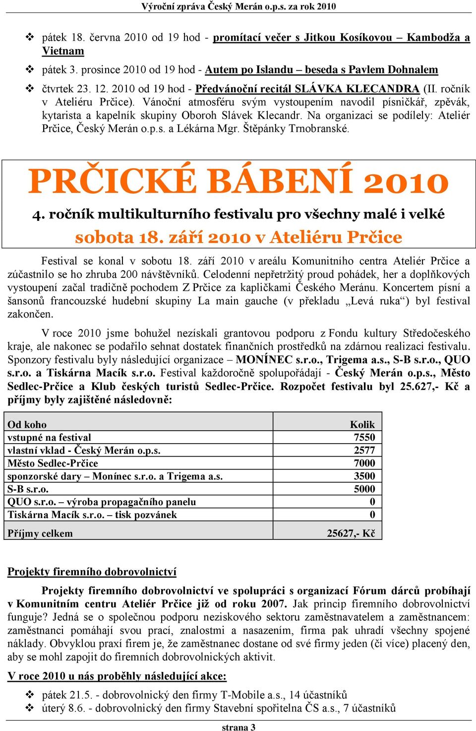 Na organizaci se podílely: Ateliér Prčice, Český Merán o.p.s. a Lékárna Mgr. Štěpánky Trnobranské. PRČICKÉ BÁBENÍ 2010 4. ročník multikulturního festivalu pro všechny malé i velké sobota 18.