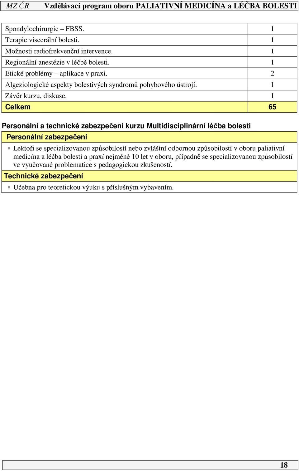 Celkem 65 Personální a technické zabezpečení kurzu Multidisciplinární léčba bolesti Personální zabezpečení Lektoři se specializovanou způsobilostí nebo zvláštní odbornou