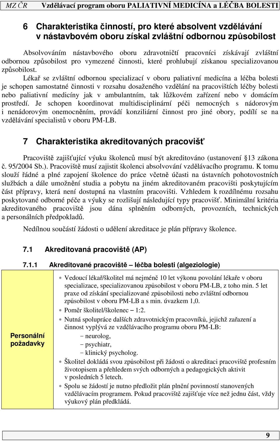 Lékař se zvláštní odbornou specializací v oboru paliativní medicína a léčba bolesti je schopen samostatné činnosti v rozsahu dosaženého vzdělání na pracovištích léčby bolesti nebo paliativní medicíny
