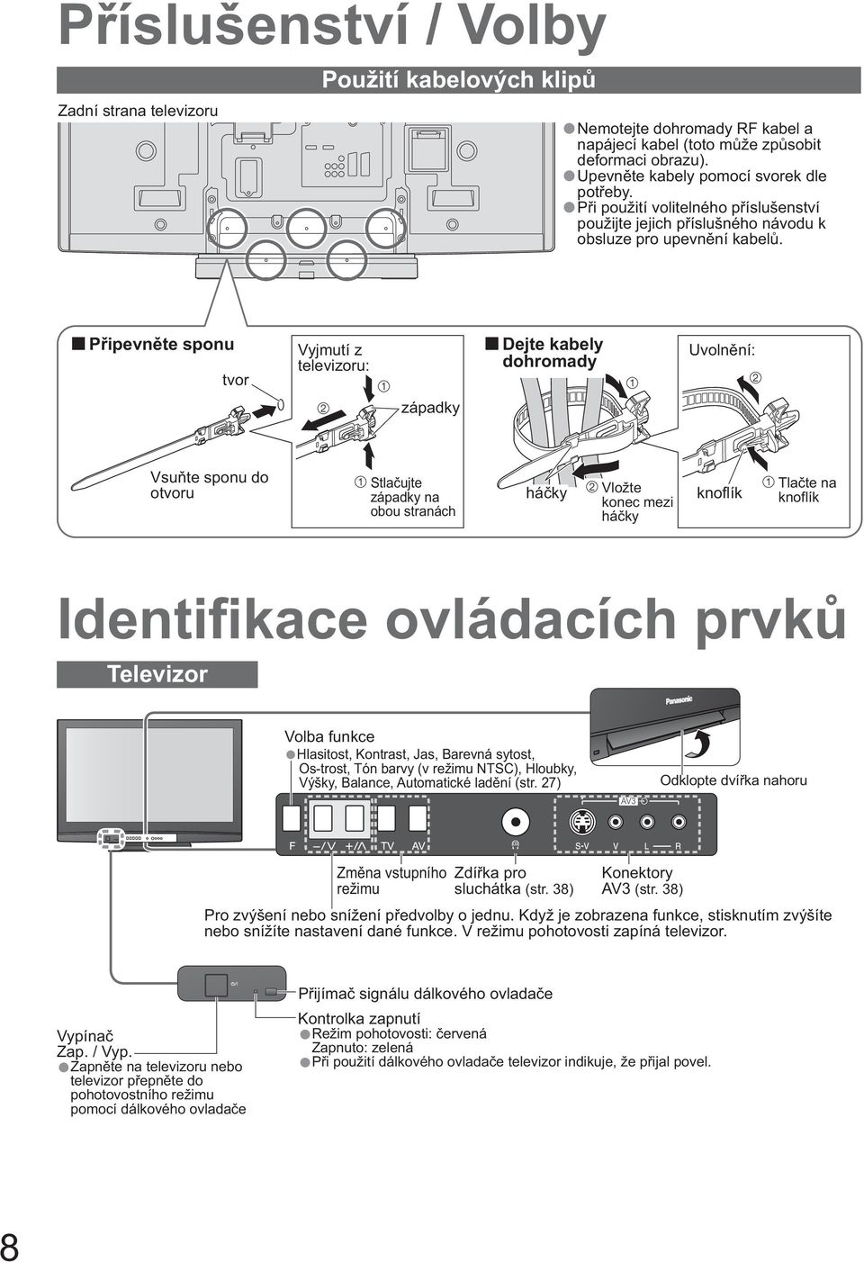 P ipevn te sponu tvor Vyjmutí z televizoru: Dejte kabely dohromady Uvoln ní: západky Vsu te sponu do otvoru Stla ujte západky na obou stranách há ky Vložte konec mezi há ky knoflík Tla te na knoflík