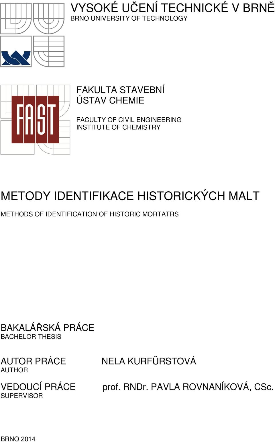 METHODS OF IDENTIFICATION OF HISTORIC MORTATRS BAKALÁŘSKÁ PRÁCE BACHELOR THESIS AUTOR PRÁCE