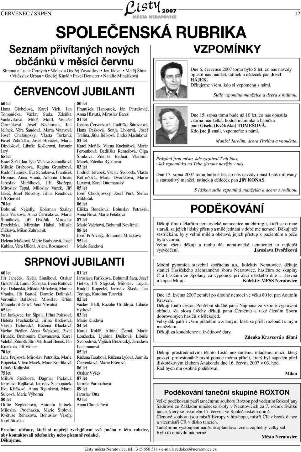 Šandová, Marta Votavová, Josef Chaloupský, Vlasta Turková, Pavel Zahrádka, Josef Horáček, Marta Dindošová, Libuše Košlerová, Jaromír Jarý 65 let Karel Špád, Jan Tyle, Václava Zahrádková, Miluše