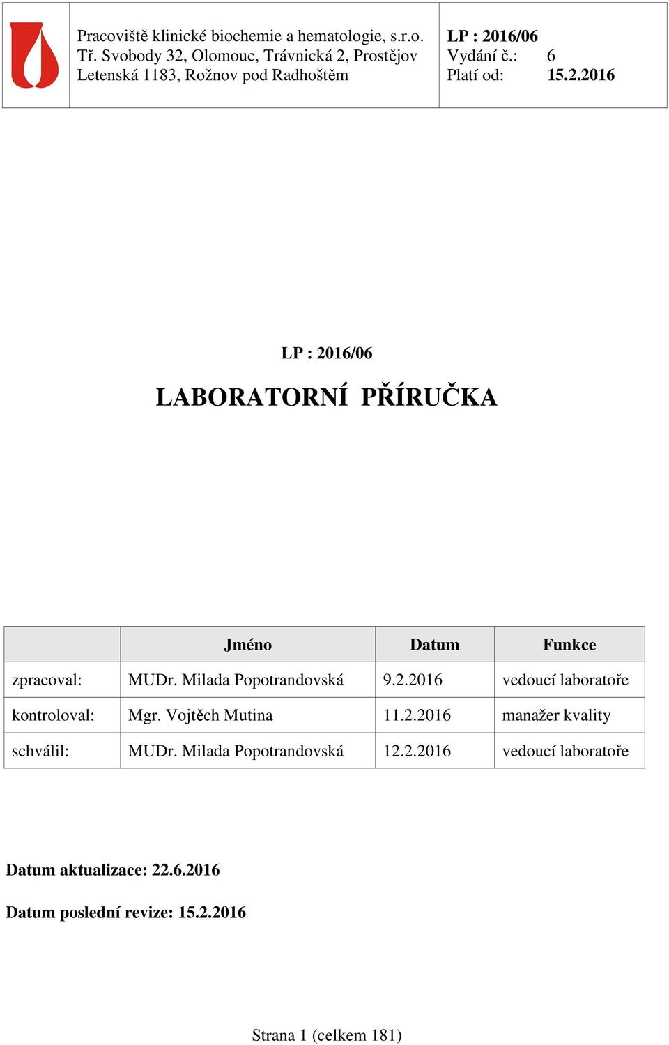 Milada Popotrandovská 12.2.2016 vedoucí laboratoře Datum aktualizace: 22.6.2016 Datum poslední revize: 15.