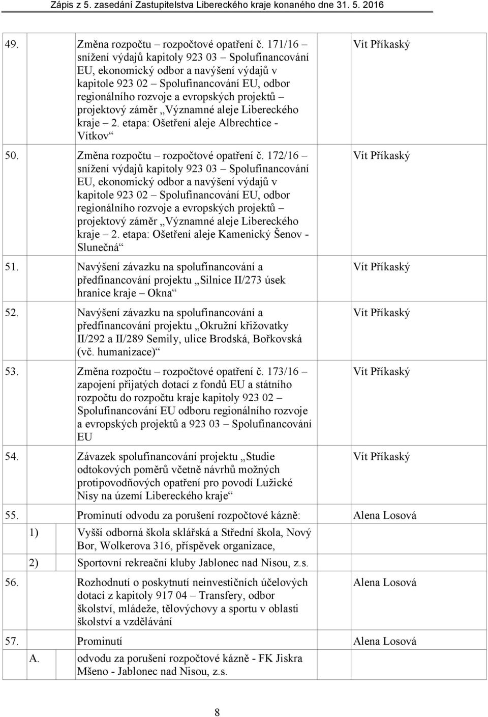 Významné aleje Libereckého kraje 2. etapa: Ošetření aleje Albrechtice - Vítkov 5. Změna rozpočtu rozpočtové opatření č.