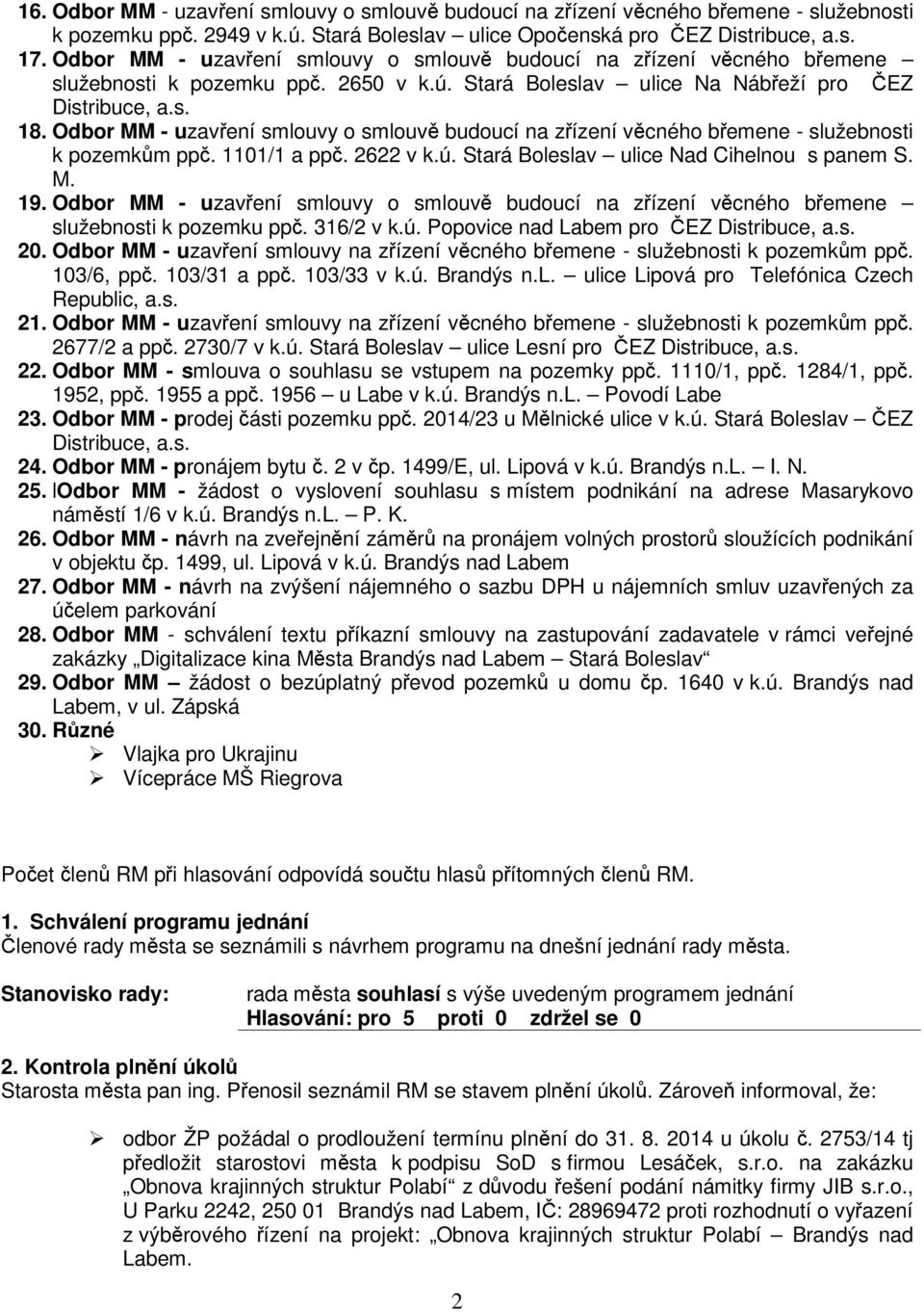 Odbor MM - uzavení smlouvy o smlouv budoucí na zízení vcného bemene - služebnosti k pozemkm pp. 1101/1 a pp. 2622 v k.ú. Stará Boleslav ulice Nad Cihelnou s panem S. M. 19.