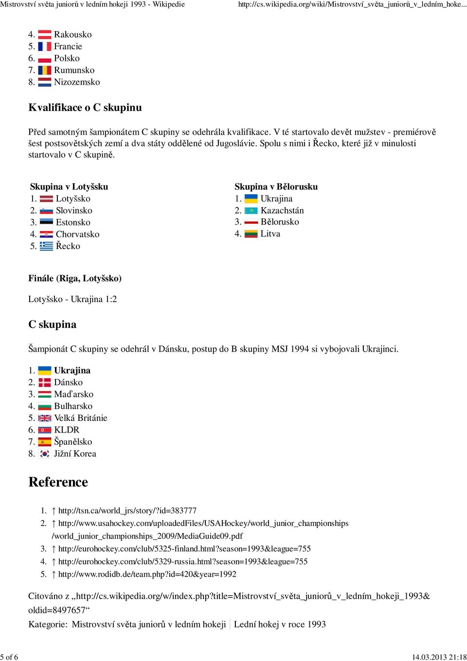 Lotyšsko 2. Slovinsko 3. Estonsko 4. Chorvatsko 5. Řecko Skupina v Bělorusku 1. Ukrajina 2. Kazachstán 3. Bělorusko 4.