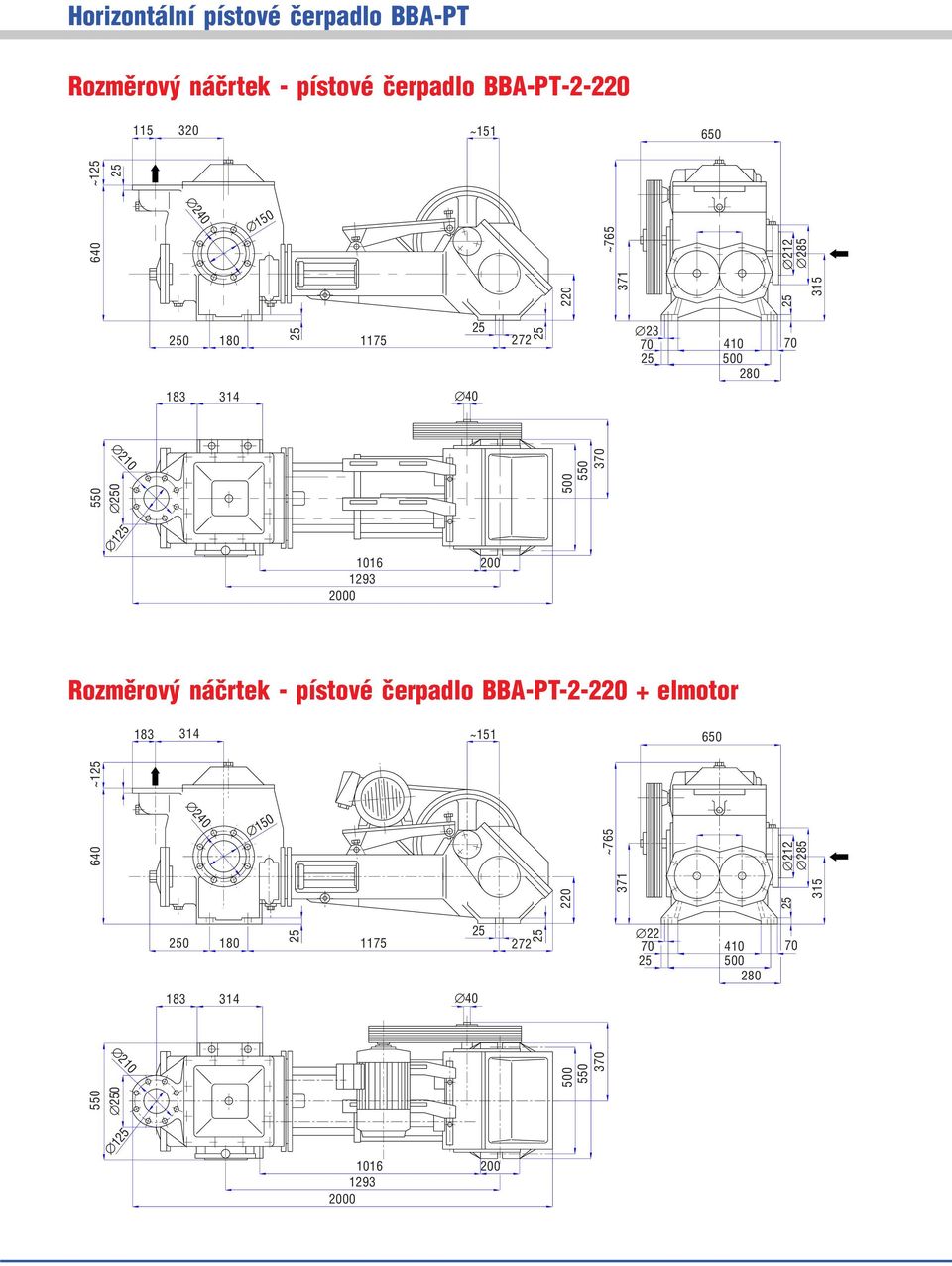 Rozměrový náčrtek pístové čerpadlo BBA PT 2 220 + elmotor 18 1 ~11 0