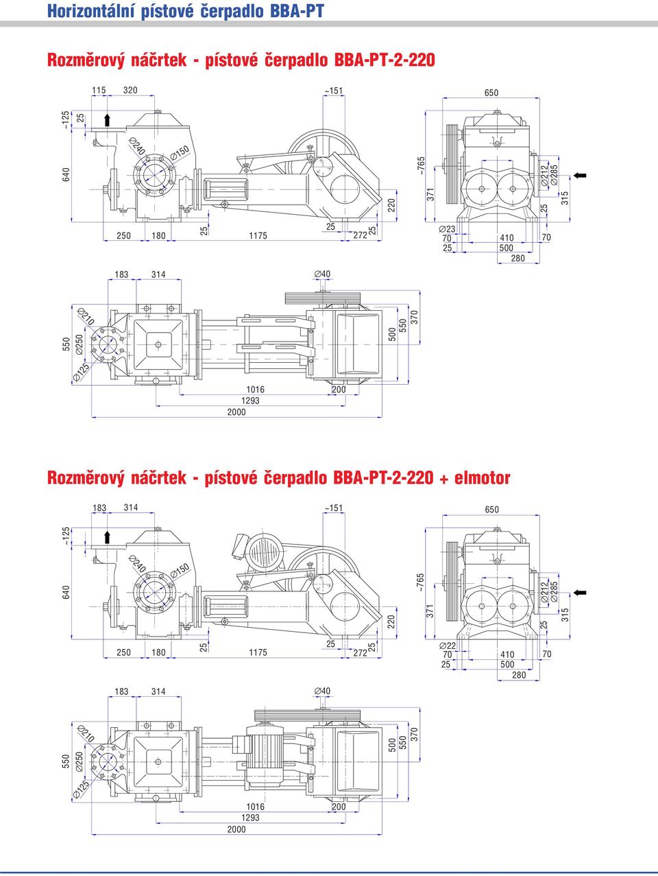 Rozměrový náčrtek pístové čerpadlo BBA PT 2 220 + elmotor 18 1 ~11 0